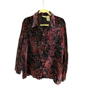 White Stag Burnout Velvet Blouse XL Purple Red Floral Sheer Long Sleeve Feminine